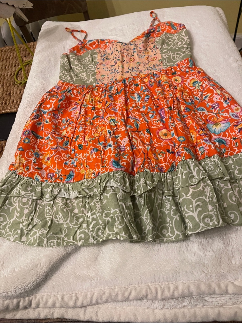 Orange Floral Tiered Mini Dress with Sage Contrast